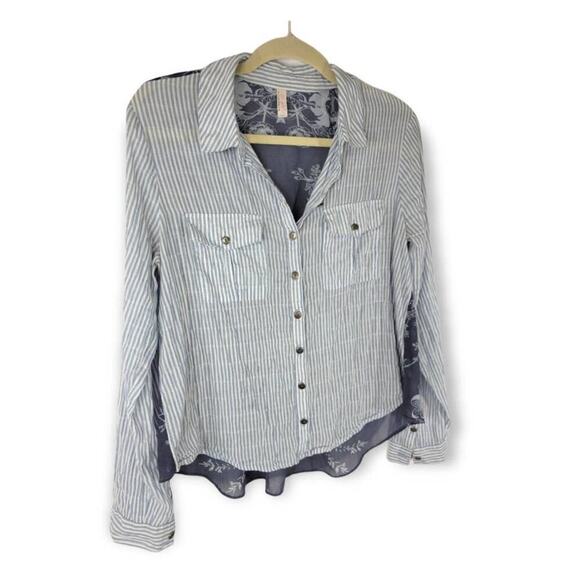 Free People Party In The Back Button Down Striped Floral Print Shirt‎ Small - Picture 5 of 6